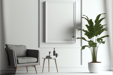 現代的な内壁の背景、室内空間、リビングルーム、および木製の空白の垂直額縁に空のコピースペースをモックアップします。