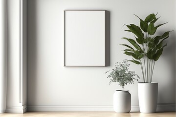 現代的な内壁の背景、室内空間、リビングルーム、および木製の空白の垂直額縁に空のコピースペースをモックアップします。