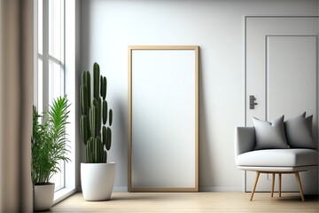 mock up Espaço de cópia vazio em um fundo de parede interior contemporâneo, espaço interior, sala de estar e uma moldura vertical em branco feita de madeira.