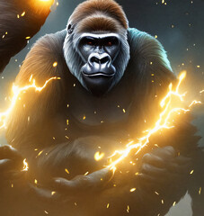 Gorilla with a baby in the jungle, fog with neon smoke. fantasy, dark background.