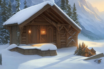 Wooden house in the snowy mountains, fantasy.