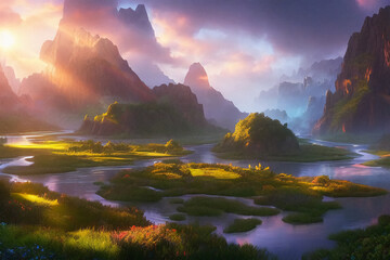 Перейти к странице
|12345Далее
Fantasy landscape with rocks and rivers at sunset, fantasy.