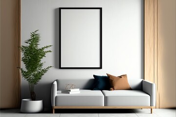 Buena iluminación, una sala de estar moderna y minimalista con cuadros, una maqueta de marco de madera, un espacio de copia vacío y una presentación en 3D