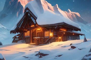 Wooden house in the snowy mountains, fantasy.