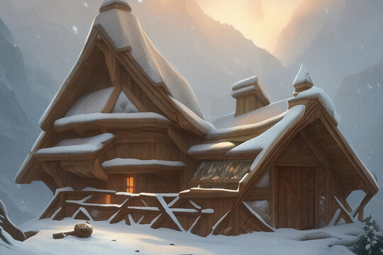 Wooden house in the snowy mountains, fantasy.