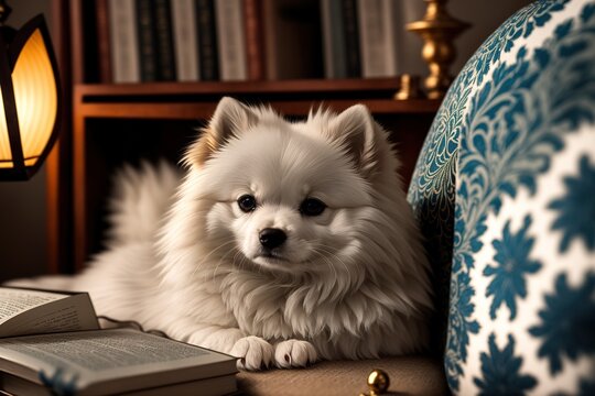 A cute small white Pomeranian puppy dog laying on a couch next to a book and pillows, in the background a lamp on a table with a book cabinet. Generative AI.