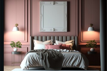 A mockup of a pink and black bed in a luxurious bedroom with a lamp and furniture.