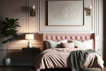 Pink and white bed in a luxury bedroom with lamp and furniture, mockup design