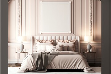 Mockup design of a pink and white bed in a high-end bedroom with a lamp and furniture