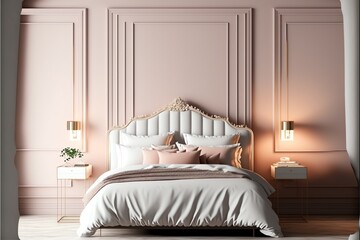A mockup of a pink and white bed in a luxurious bedroom with a lamp and furniture.