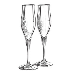 Champagne flutes sketch hand drawn engraving style Vector illustration.