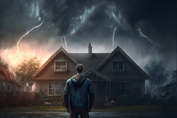 Man in front of his destroyed house after storm illustrating climate change created with Generative AI