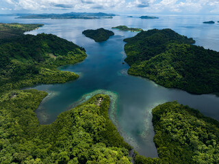 Extensive coral reefs fringe rainforest-covered islands in the Solomon Islands. This beautiful...