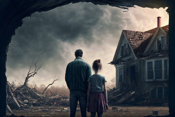 Family in front of their destroyed house after storm illustrating climate change created with Generative AI