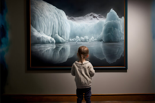 Child in a museum is watching at a glacier or iceberg illustrating global warming created with Generative AI