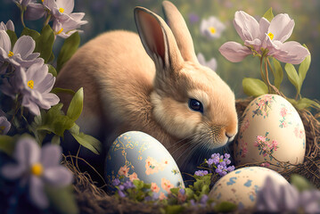 A cute bunny rabbit sitting in a pile of Easter eggs near some spring purple flowers outdoors. Created with Generative AI.