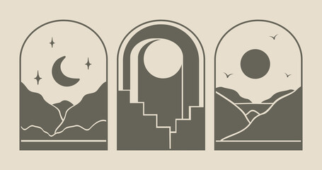 Vector mountain and architecture emblem set. Modern minimal linear badges with sun and hills.