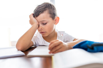 boy sitting at the table, writing homework or preparing for the exam