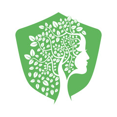 Woman Tree Vector Template Design. Woman Face Leaf Vector Design.	