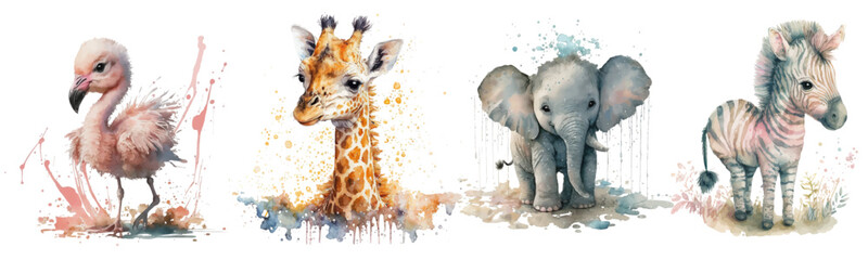 Obraz premium Safari Animal set Zebra, flamingo, elephant, giraffe in watercolor style. Isolated vector illustration