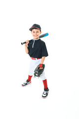 Fototapeta na wymiar child baseball player Studio shot over white.