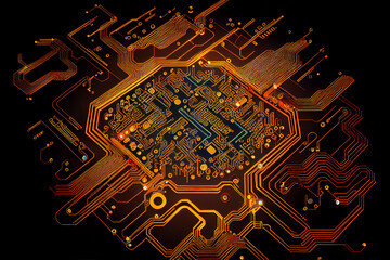 Electronic circuit with different components ideal for technology backgrounds, generative AI