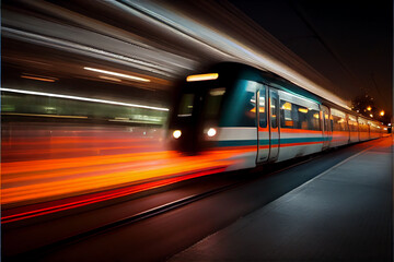 Naklejka na ściany i meble moving train with blurry lights ideal for transportation backgrounds, generative AI
