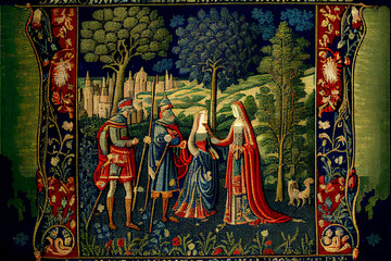 Obraz premium Medieval style tapestry with court motives in the ancient style, generative AI