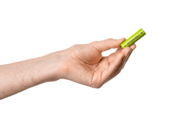 Rechargeable battery in a male hand, isolate.