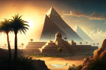 Foto op Canvas Egypt's enormous Khafre pyramid. Fantasy of an Egyptian scene with the Chephren Pyramid in the dawn haze. For your banner or header, use a broad view of a green oasis with fields and palm trees © 2rogan
