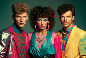 1980s vintage fashion portrait. Man and woman group with retro 80's style. Generative ai - obrazy, fototapety, plakaty