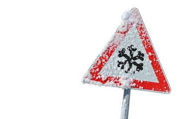 traffic sign warns of ice and snow on road - Powered by Adobe