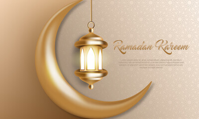 luxury banner design illustration with crescent moon and lantern decoration of ramadhan kareem