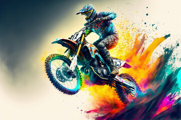 Naklejka premium Dirt bike rider doing a big jump. Supercross, motocross, high speed. Sport concept. Digital art 
