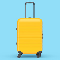 Small orange polycarbonate suitcase isolated on blue background.