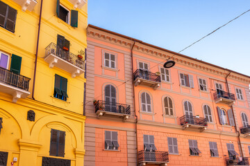 Fototapeta na wymiar Colorful Residential Apartment Homes in Downtown Streets of La Spezia, Italy. Sunny Morning
