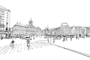 City drawing sketch. Holland. Netherlands. Hand drawn vector art illustration.