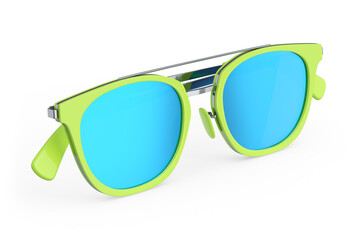 Realistic sunglasess with gradient lens and green plastic frame on white