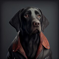 Stylish Black Pointer Dog Wearing a Leather Jacket - Generated by Artificial Intelligence