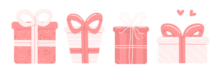 A set of cute pink cartoon gifts. Valentine's Day vector isolated illustration. Gift boxes collection.