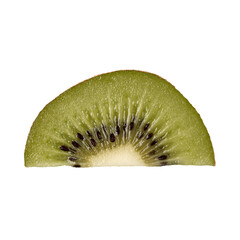 One kiwi fruit slice isolated on white background closeup. Half of kiwi slice. Kiwifruit slice, flatlay. Flat lay, top view.