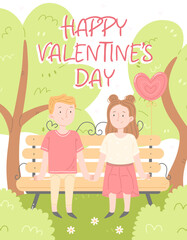 Obraz na płótnie Canvas The concept of a Valentine's Day greeting card. Vector illustration in cartoon style. Happy Valentine's day lettering. A boy and a girl on a date in the park. Cute vector illustration.