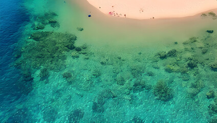 砂浜と珊瑚礁の風景　ドローン　空撮