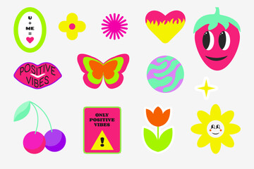 Collection of cute stickers. Funky, hipster stickers. y2k style.