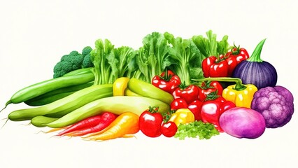 Naklejka na ściany i meble Watercolor-painted collection of vegetables. Fresh colorful veggies background.