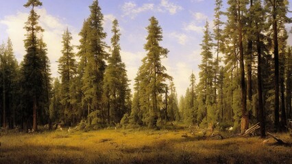 Painting, spruce forest, painted with oil paints. 