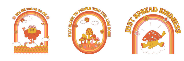 Set of groovy hippie 70s posters. Funny cartoon mushroom, rainbow, daisies, sun etc. Vector greeting cards in a trendy retro psychedelic cartoon style. Vector background. Stay groovy. Flower power