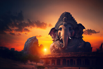 Stunning sunset at Hampi with the ruins of the Sasivekalu (Saasivekaalu) Ganesha Temple and a sizable statue of Lord Ganesha. India's Karnataka. Generative AI - obrazy, fototapety, plakaty