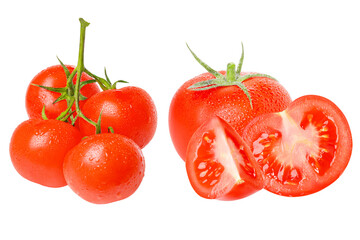 Bunch of tomatoes. Whole fresh tomato. Two pieces of tomato, cut in half and quartered. Composition of tomatoes ready. isolated