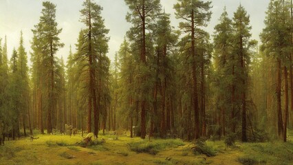 Painting, spruce forest, painted with oil paints. 